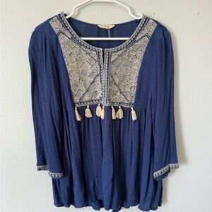 Navy Blue Bohemian Top with Cream Accents